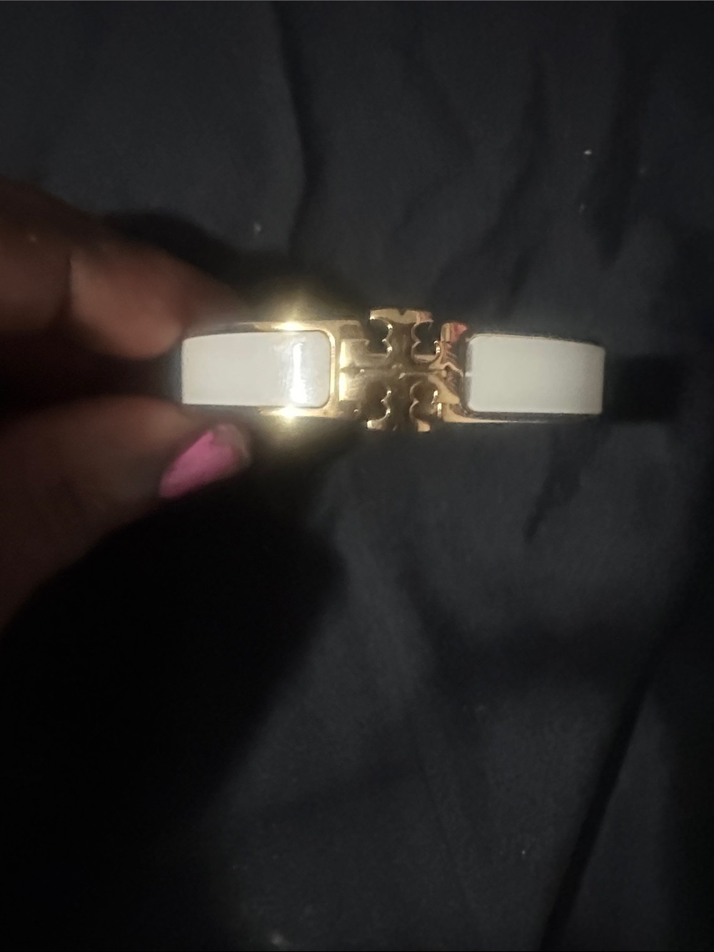 Tory Burch Gold-Tone Logo Hinge Bangle with White Inlay